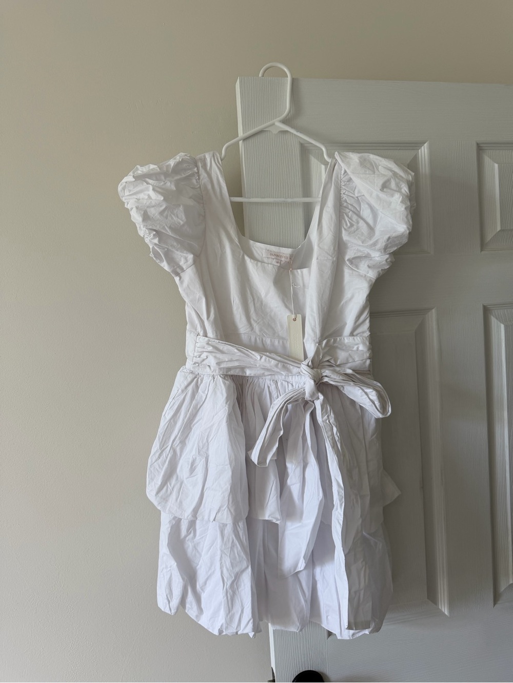 Olivaceous White Tie-Waist Mini Dress with Puff Details